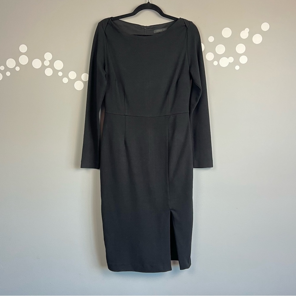 Forest Lily Knit Sheath Dress Size 8 Black Long Sleeve Slit Back Zip Lined